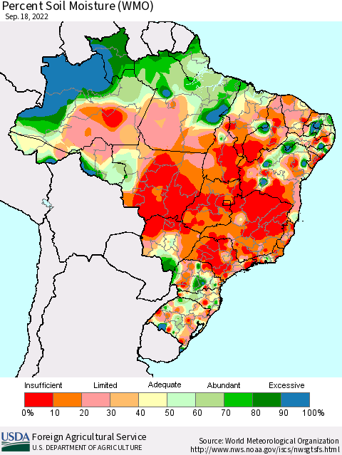 Brazil Percent Soil Moisture (WMO) Thematic Map For 9/12/2022 - 9/18/2022