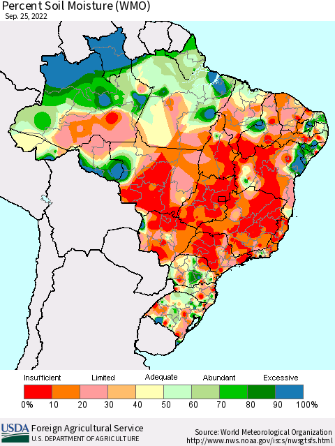 Brazil Percent Soil Moisture (WMO) Thematic Map For 9/19/2022 - 9/25/2022