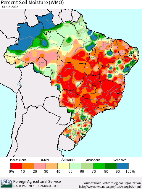 Brazil Percent Soil Moisture (WMO) Thematic Map For 9/26/2022 - 10/2/2022