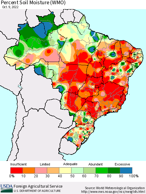 Brazil Percent Soil Moisture (WMO) Thematic Map For 10/3/2022 - 10/9/2022
