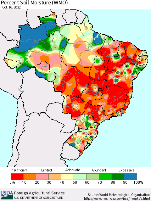 Brazil Percent Soil Moisture (WMO) Thematic Map For 10/10/2022 - 10/16/2022