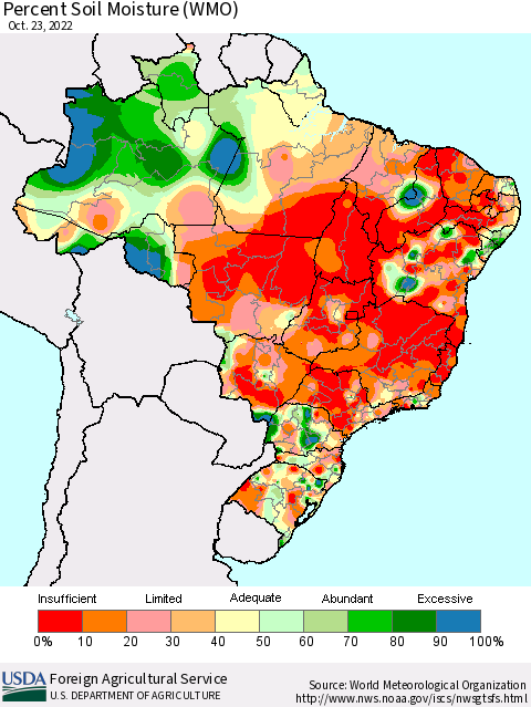 Brazil Percent Soil Moisture (WMO) Thematic Map For 10/17/2022 - 10/23/2022
