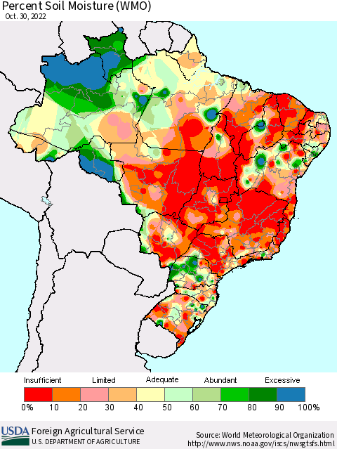 Brazil Percent Soil Moisture (WMO) Thematic Map For 10/24/2022 - 10/30/2022