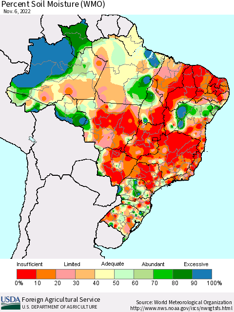 Brazil Percent Soil Moisture (WMO) Thematic Map For 10/31/2022 - 11/6/2022