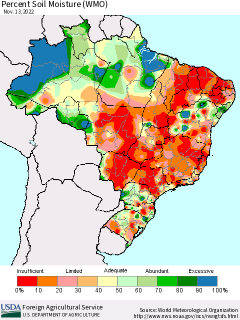 Brazil Percent Soil Moisture (WMO) Thematic Map For 11/7/2022 - 11/13/2022