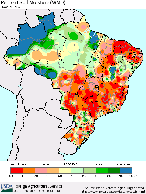 Brazil Percent Soil Moisture (WMO) Thematic Map For 11/14/2022 - 11/20/2022