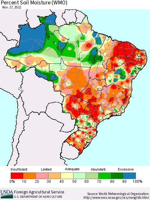 Brazil Percent Soil Moisture (WMO) Thematic Map For 11/21/2022 - 11/27/2022