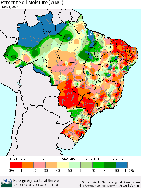 Brazil Percent Soil Moisture (WMO) Thematic Map For 11/28/2022 - 12/4/2022