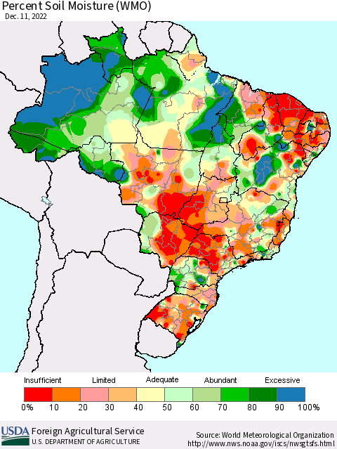 Brazil Percent Soil Moisture (WMO) Thematic Map For 12/5/2022 - 12/11/2022