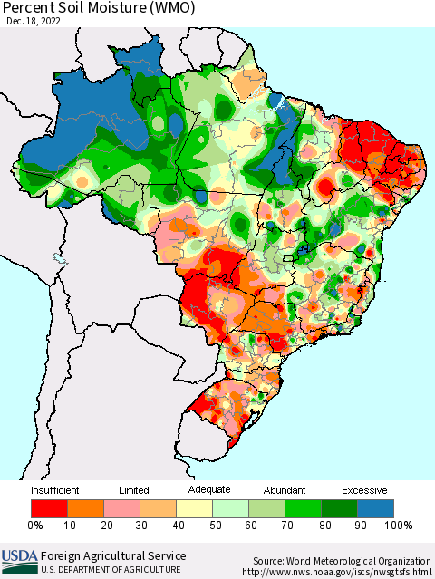 Brazil Percent Soil Moisture (WMO) Thematic Map For 12/12/2022 - 12/18/2022