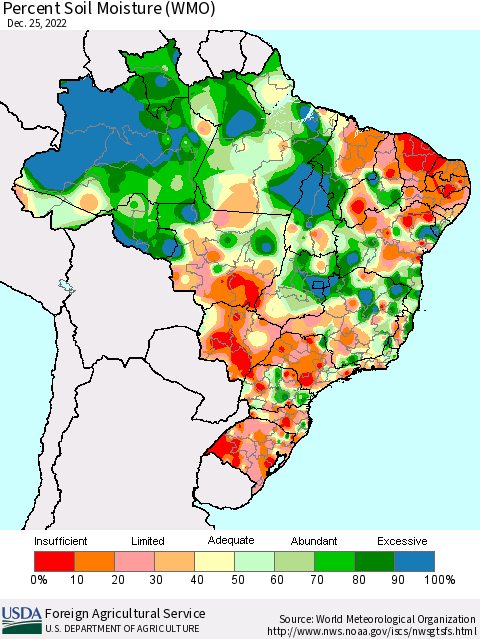 Brazil Percent Soil Moisture (WMO) Thematic Map For 12/19/2022 - 12/25/2022
