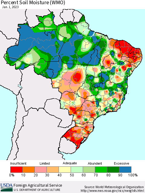 Brazil Percent Soil Moisture (WMO) Thematic Map For 12/26/2022 - 1/1/2023