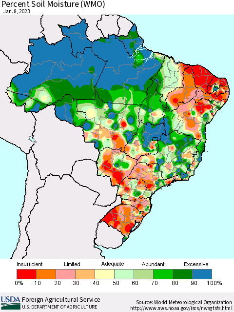 Brazil Percent Soil Moisture (WMO) Thematic Map For 1/2/2023 - 1/8/2023