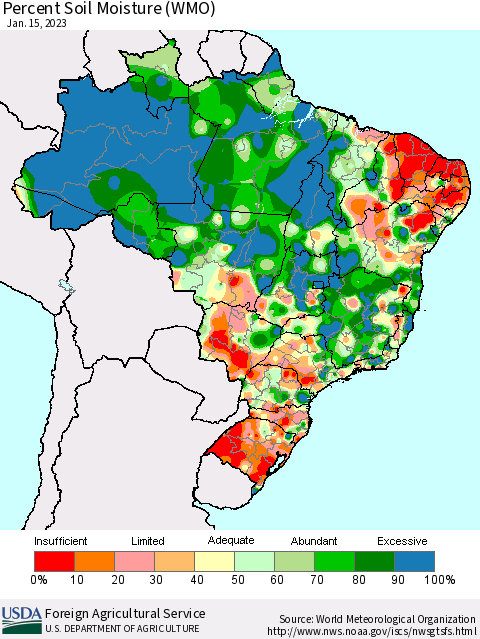Brazil Percent Soil Moisture (WMO) Thematic Map For 1/9/2023 - 1/15/2023