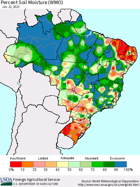 Brazil Percent Soil Moisture (WMO) Thematic Map For 1/16/2023 - 1/22/2023