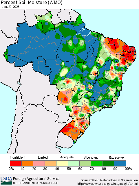 Brazil Percent Soil Moisture (WMO) Thematic Map For 1/23/2023 - 1/29/2023