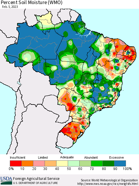 Brazil Percent Soil Moisture (WMO) Thematic Map For 1/30/2023 - 2/5/2023