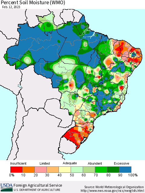 Brazil Percent Soil Moisture (WMO) Thematic Map For 2/6/2023 - 2/12/2023