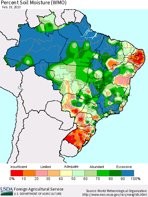Brazil Percent Soil Moisture (WMO) Thematic Map For 2/13/2023 - 2/19/2023