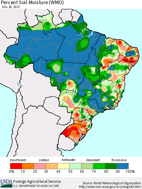 Brazil Percent Soil Moisture (WMO) Thematic Map For 2/20/2023 - 2/26/2023