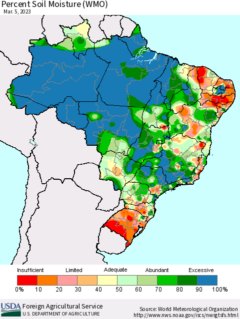 Brazil Percent Soil Moisture (WMO) Thematic Map For 2/27/2023 - 3/5/2023
