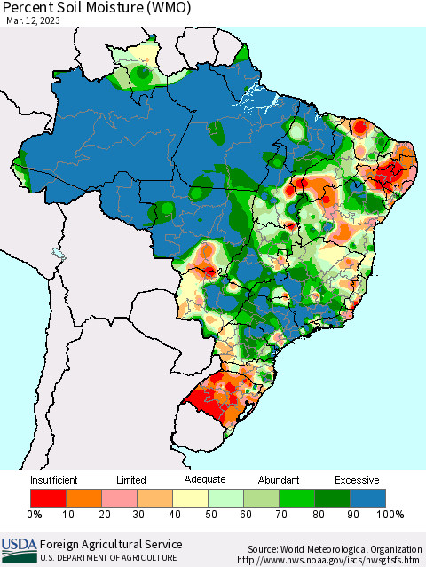 Brazil Percent Soil Moisture (WMO) Thematic Map For 3/6/2023 - 3/12/2023
