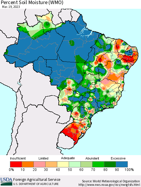 Brazil Percent Soil Moisture (WMO) Thematic Map For 3/13/2023 - 3/19/2023
