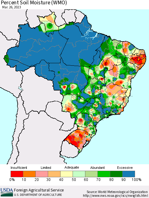 Brazil Percent Soil Moisture (WMO) Thematic Map For 3/20/2023 - 3/26/2023