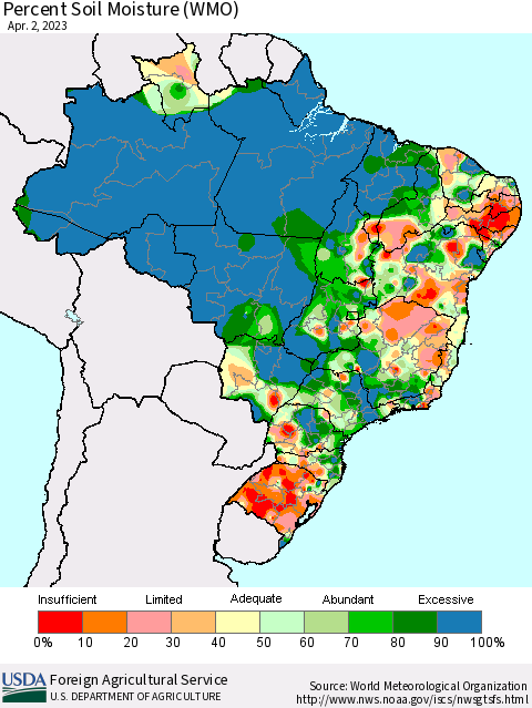 Brazil Percent Soil Moisture (WMO) Thematic Map For 3/27/2023 - 4/2/2023
