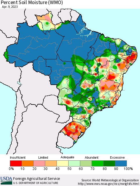 Brazil Percent Soil Moisture (WMO) Thematic Map For 4/3/2023 - 4/9/2023