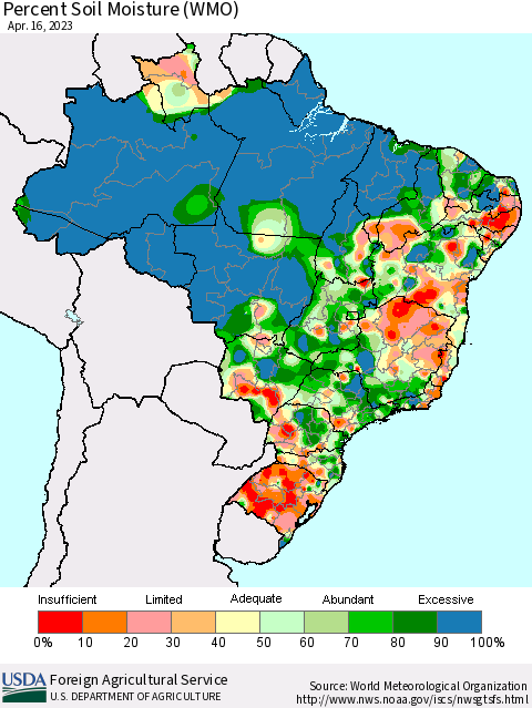 Brazil Percent Soil Moisture (WMO) Thematic Map For 4/10/2023 - 4/16/2023