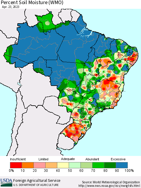 Brazil Percent Soil Moisture (WMO) Thematic Map For 4/17/2023 - 4/23/2023