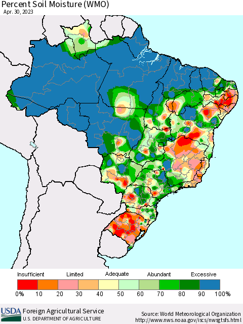 Brazil Percent Soil Moisture (WMO) Thematic Map For 4/24/2023 - 4/30/2023