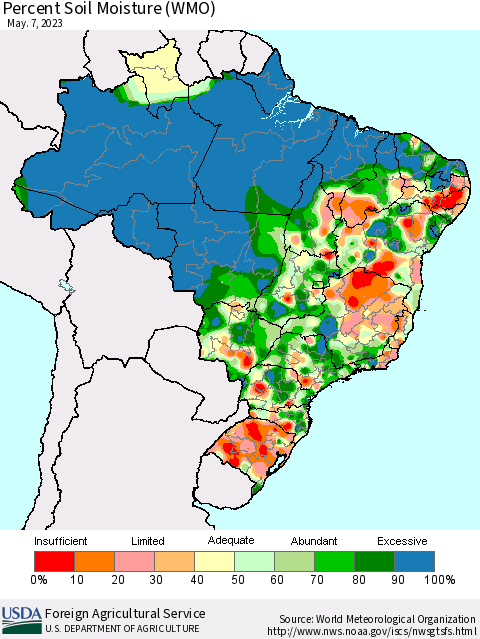 Brazil Percent Soil Moisture (WMO) Thematic Map For 5/1/2023 - 5/7/2023