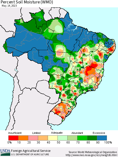 Brazil Percent Soil Moisture (WMO) Thematic Map For 5/8/2023 - 5/14/2023