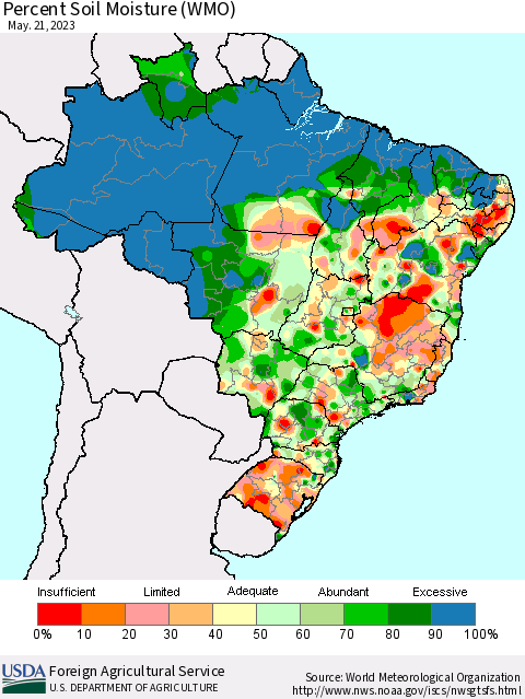 Brazil Percent Soil Moisture (WMO) Thematic Map For 5/15/2023 - 5/21/2023