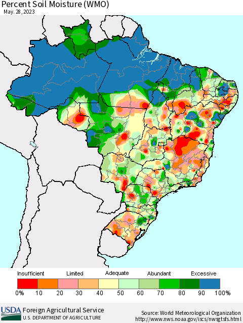 Brazil Percent Soil Moisture (WMO) Thematic Map For 5/22/2023 - 5/28/2023