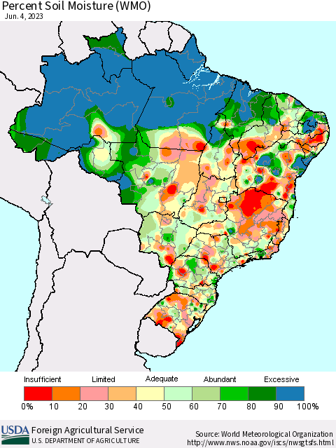 Brazil Percent Soil Moisture (WMO) Thematic Map For 5/29/2023 - 6/4/2023