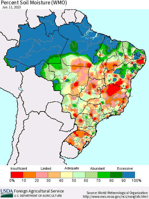 Brazil Percent Soil Moisture (WMO) Thematic Map For 6/5/2023 - 6/11/2023