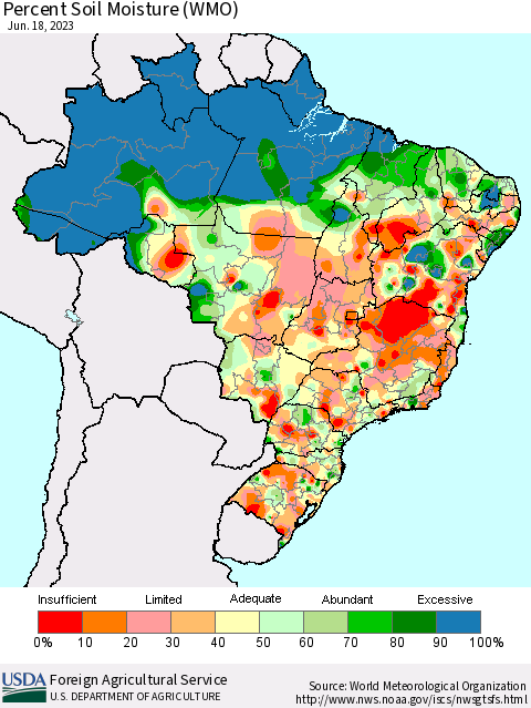 Brazil Percent Soil Moisture (WMO) Thematic Map For 6/12/2023 - 6/18/2023