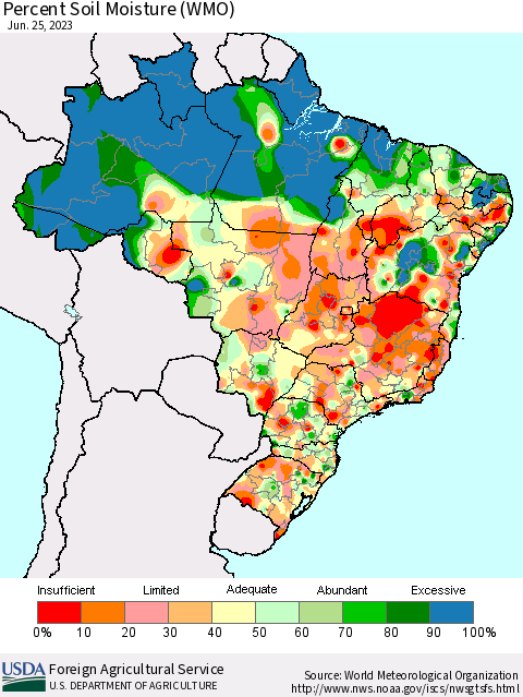 Brazil Percent Soil Moisture (WMO) Thematic Map For 6/19/2023 - 6/25/2023