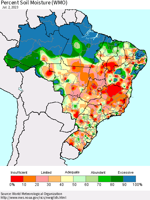 Brazil Percent Soil Moisture (WMO) Thematic Map For 6/26/2023 - 7/2/2023