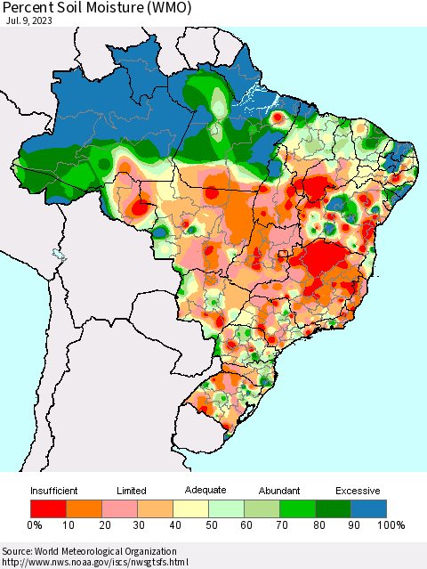 Brazil Percent Soil Moisture (WMO) Thematic Map For 7/3/2023 - 7/9/2023