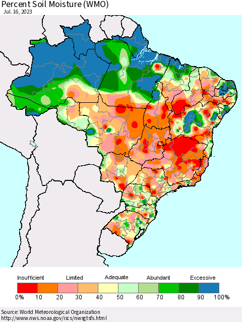 Brazil Percent Soil Moisture (WMO) Thematic Map For 7/10/2023 - 7/16/2023