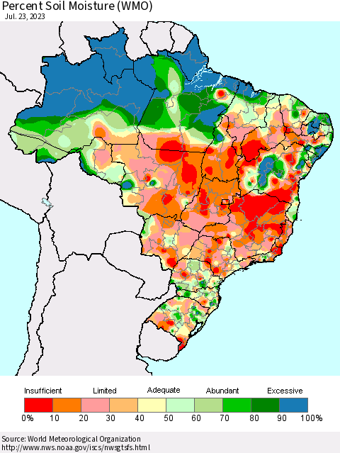 Brazil Percent Soil Moisture (WMO) Thematic Map For 7/17/2023 - 7/23/2023