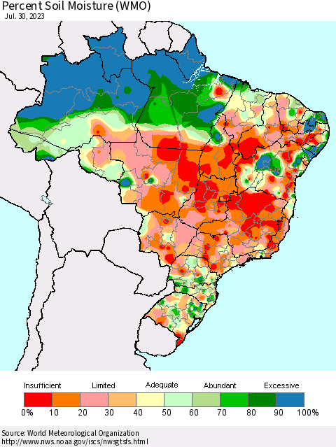 Brazil Percent Soil Moisture (WMO) Thematic Map For 7/24/2023 - 7/30/2023