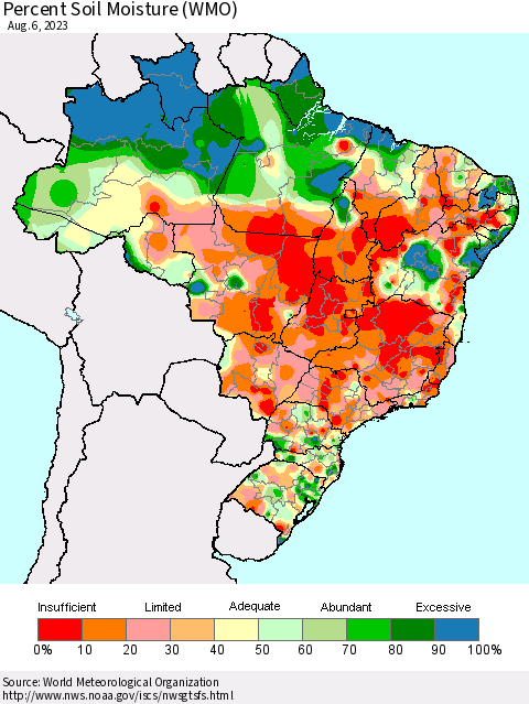 Brazil Percent Soil Moisture (WMO) Thematic Map For 7/31/2023 - 8/6/2023