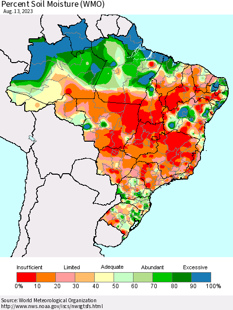 Brazil Percent Soil Moisture (WMO) Thematic Map For 8/7/2023 - 8/13/2023