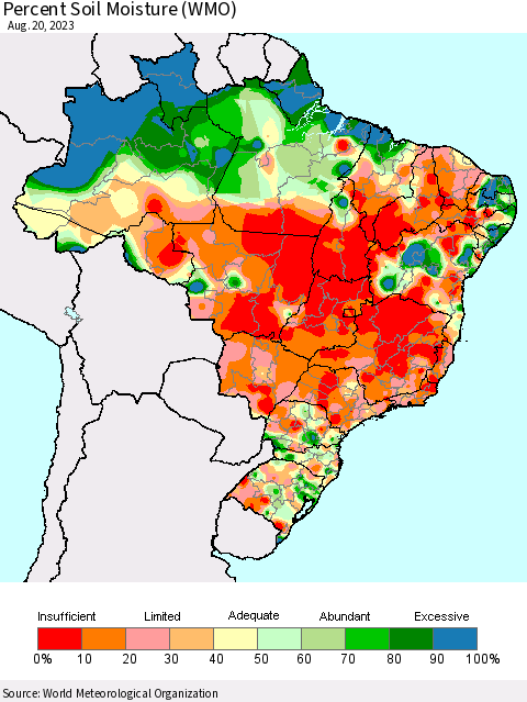 Brazil Percent Soil Moisture (WMO) Thematic Map For 8/14/2023 - 8/20/2023