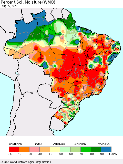 Brazil Percent Soil Moisture (WMO) Thematic Map For 8/21/2023 - 8/27/2023